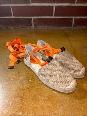 GUESS Beige Logo Espadrilles with Orange Tie Laces